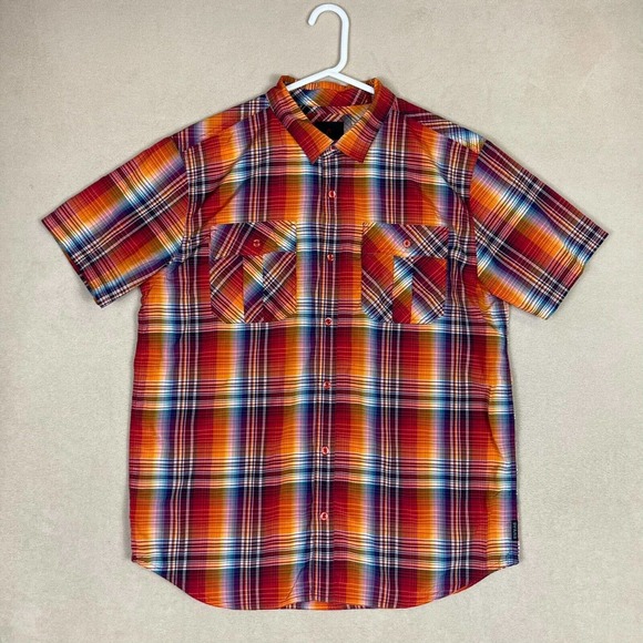 Prana Shirt Adult Extra Large Orange Plaid Short Sleeve Logo Mens - Picture 1 of 10